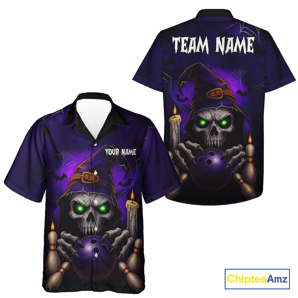Custom Purple Skull Halloween Bowling Hawaiian Shirt, Skull Team Bowling Jersey NQS10803