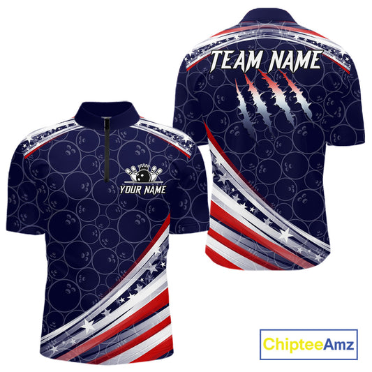 American Flag Camo Bowling Shirts For Men Custom patriotic Bowling Team Polo, 1/4 zip Jerseys | Navy NQS11180