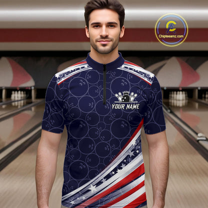American Flag Camo Bowling Shirts For Men Custom patriotic Bowling Team Polo, 1/4 zip Jerseys | Navy NQS11180