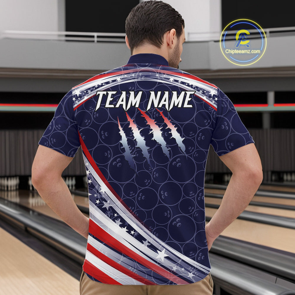 American Flag Camo Bowling Shirts For Men Custom patriotic Bowling Team Polo, 1/4 zip Jerseys | Navy NQS11180