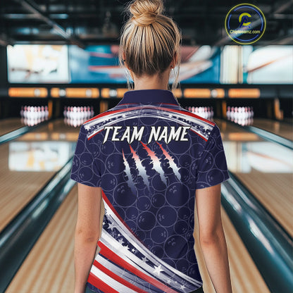 American Flag Camo Bowling Shirts For Women Custom patriotic Bowling Team Polo, 1/4 zip Jersey | Navy NQS11180