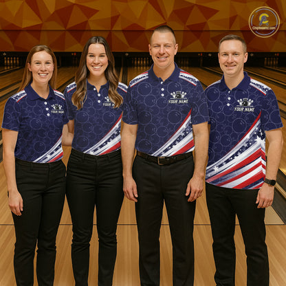 American Flag Camo Bowling Shirts For Women Custom patriotic Bowling Team Polo, 1/4 zip Jersey | Navy NQS11180
