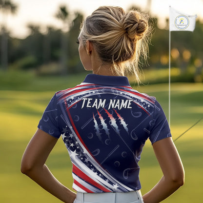 American Flag Camo Golf Polo Shirts For Women Custom patriotic ladies golf shirt, golfer gifts | Navy NQS11181