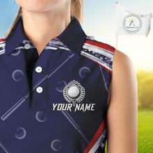 Load image into Gallery viewer, American Flag Camo Sleeveless Polo Golf Shirt Custom patriotic ladies golf shirt, golfer gifts | Navy NQS11181