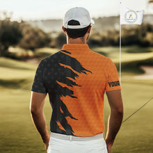 Load image into Gallery viewer, Personalized Mens golf polo shirts custom orange golf ball skin black American flag mens golf apparel NQS10070