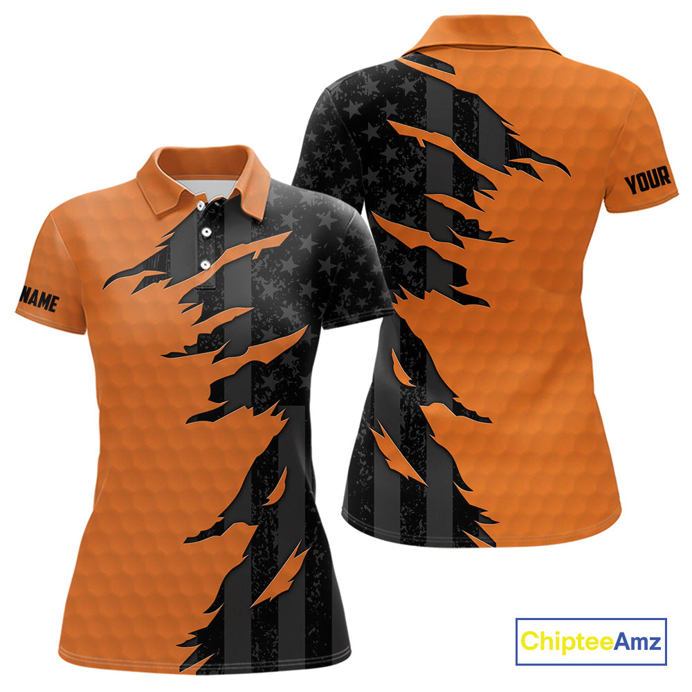 Personalized Women golf polo shirt custom orange golf ball black American flag ladies golf apparel NQS10070
