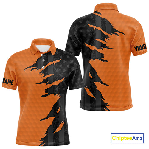 Personalized Mens golf polo shirts custom orange golf ball skin black American flag mens golf apparel NQS10070