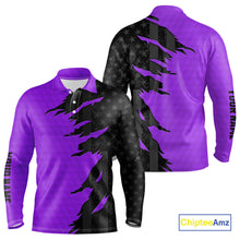 Load image into Gallery viewer, Personalized Mens golf polo shirts custom purple golf ball skin black American flag mens golf apparel NQS10071