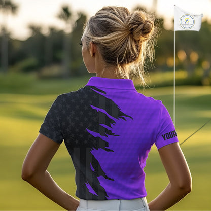 Personalized Women golf polo shirt custom purple golf ball black American flag ladies golf apparel NQS10071