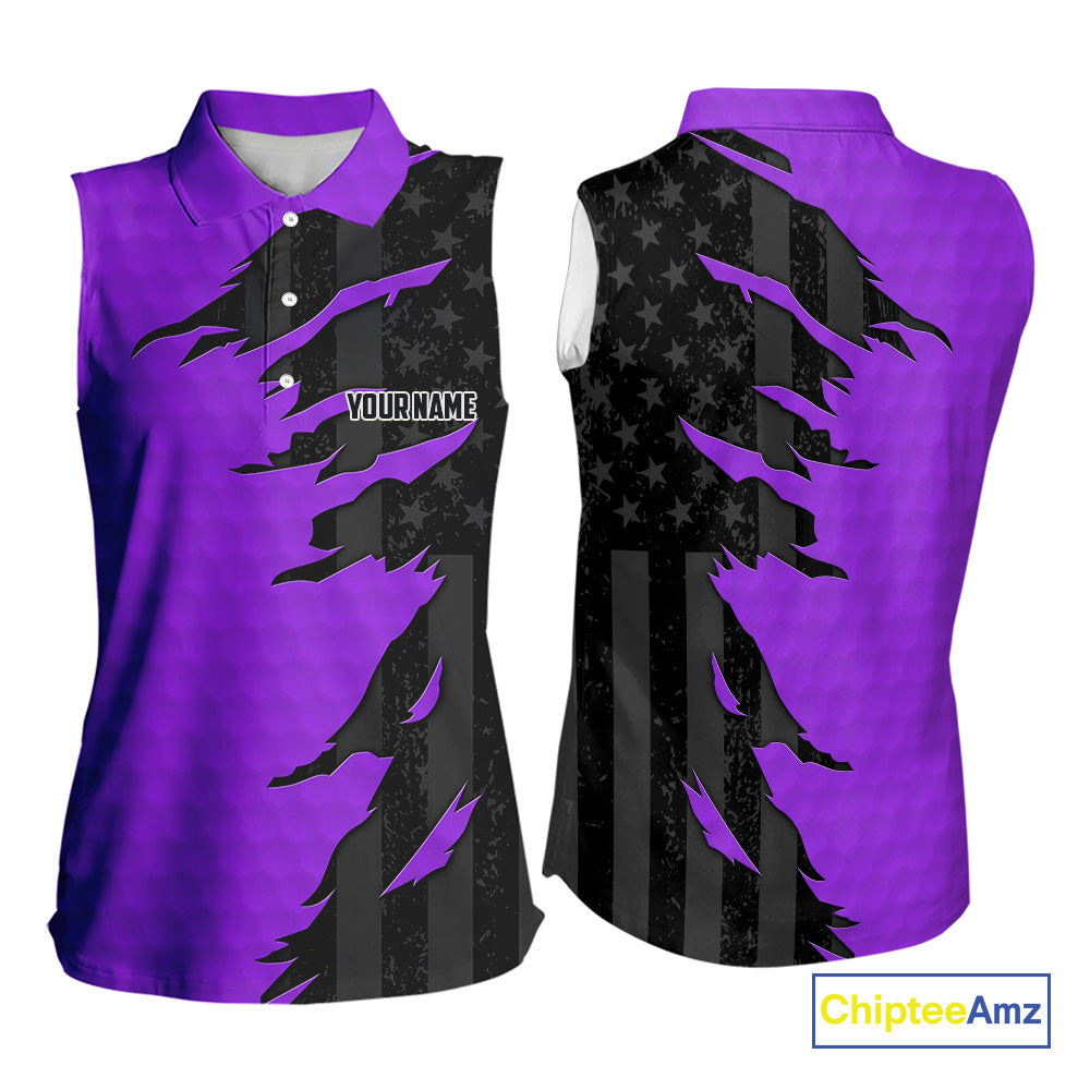 Womens sleeveless golf polos shirts purple golf ball skin black American flag ladies golf apparel NQS10071