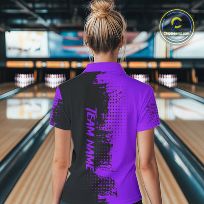 Black and Purple Bowling Polo, Quarter Zip shirts for Women Custom Bowling Team Jerseys NQS10221