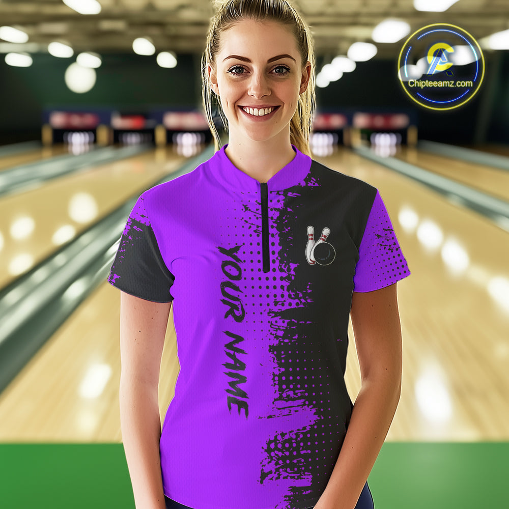 Black and Purple Bowling Polo, Quarter Zip shirts for Women Custom Bowling Team Jerseys NQS10221