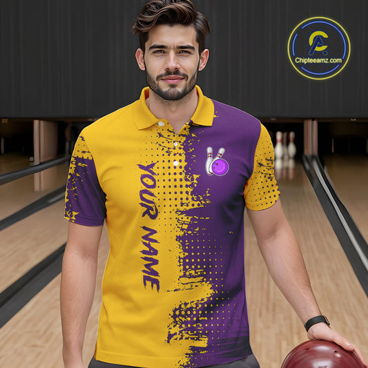 Yellow and Purple Bowling Polo, Quarter Zip shirts for Men Custom Bowling Team Jerseys NQS10222