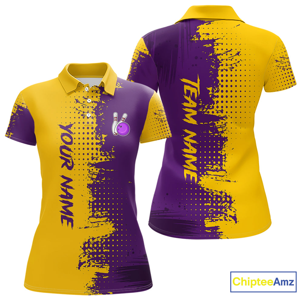 Yellow and Purple Bowling Polo, Quarter Zip shirts for Women Custom Bowling Team Jerseys NQS10222