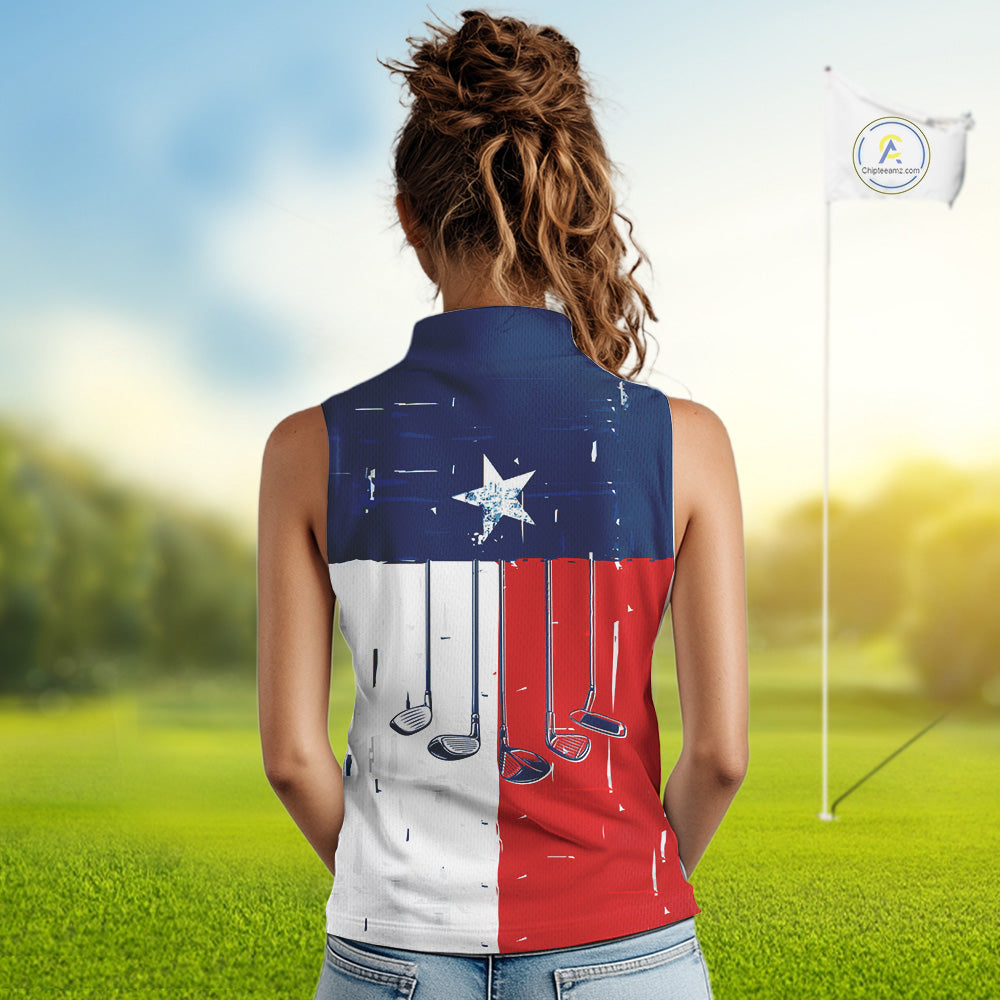Texas Flag Golf Clubs sleeveless polo shirt Custom patriotic ladies golf top, personalized golf gifts NQS10381