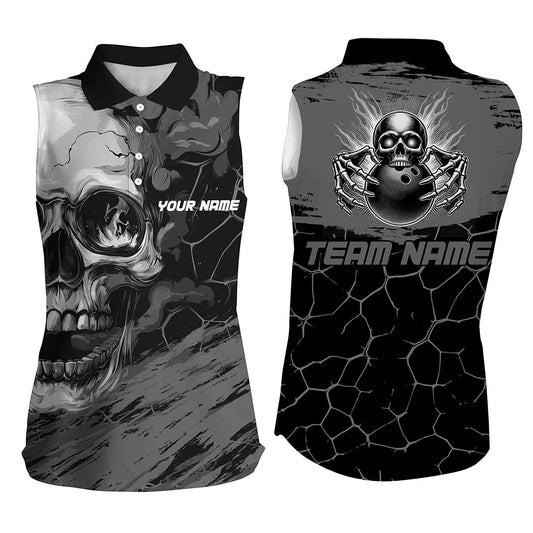 Black and Gray Skull Bowling Custom Bowling Sleeveless Polo Shirts Bowling Team League Jerseys NQS8425
