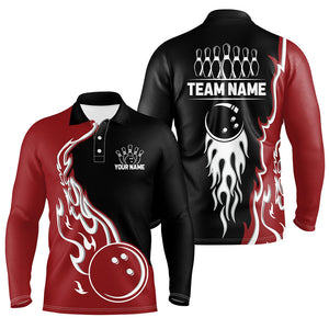 Black and Red Flame Bowling Polo, Quarter Zip Shirt for Men Custom Team Bowling Jersey Bowler Outfit NQS8865