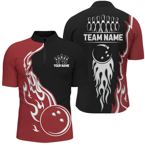 Black and Red Flame Bowling Polo, Quarter Zip Shirt for Men Custom Team Bowling Jersey Bowler Outfit NQS8865