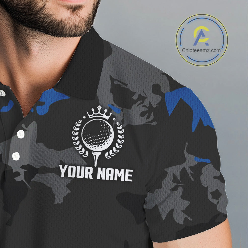 Black and Blue Camo pattern Mens Golf Polo Shirts custom mens golf tops, cool golf gifts NQS9826