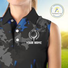 Load image into Gallery viewer, Black and Blue Camo pattern Womens Sleeveless Polo Shirts custom ladies golf tops, cool golf gifts NQS9826