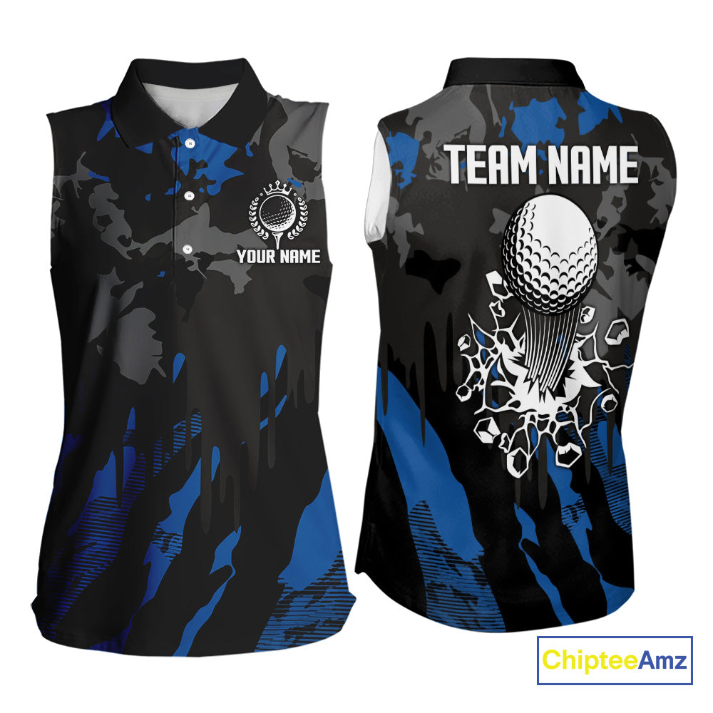 Black and Blue Camo pattern Womens Sleeveless Polo Shirts custom ladies golf tops, cool golf gifts NQS9826