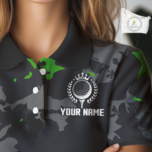 Load image into Gallery viewer, Black and Green Camo pattern Womens Golf Polo Shirts custom ladies golf tops, cool golf gifts NQS9827