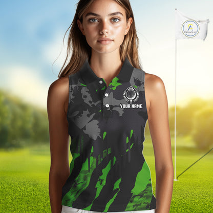 Black and Green Camo pattern Womens Sleeveless Polo Shirts custom ladies golf tops, cool golf gifts NQS9827