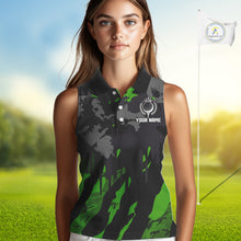 Load image into Gallery viewer, Black and Green Camo pattern Womens Sleeveless Polo Shirts custom ladies golf tops, cool golf gifts NQS9827