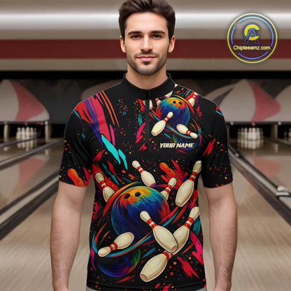 Colorful Watercolor bowling ball and pins Team jerseys Custom Men bowling Polo, Quarter Zip Shirt NQS9833