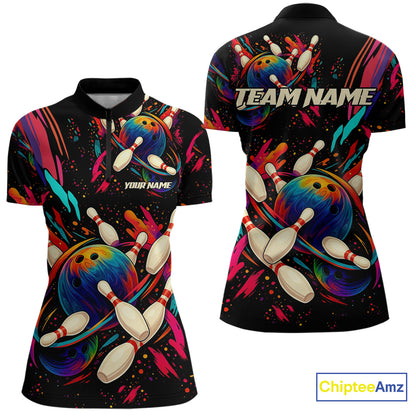 Colorful Watercolor bowling ball and pins Team jerseys Custom Women bowling Polo, Quarter Zip Shirt NQS9833