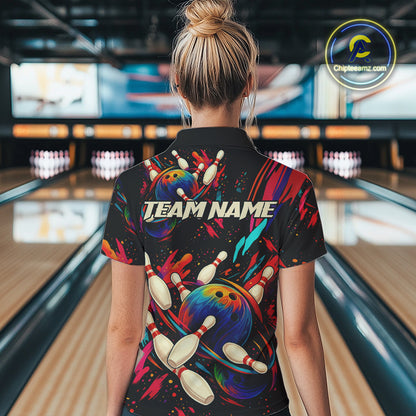 Colorful Watercolor bowling ball and pins Team jerseys Custom Women bowling Polo, Quarter Zip Shirt NQS9833