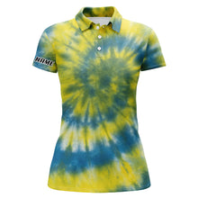 Load image into Gallery viewer, Womens golf polo shirts with blue yellow tie dye pattern custom pattern team golf shirt for women NQS5645