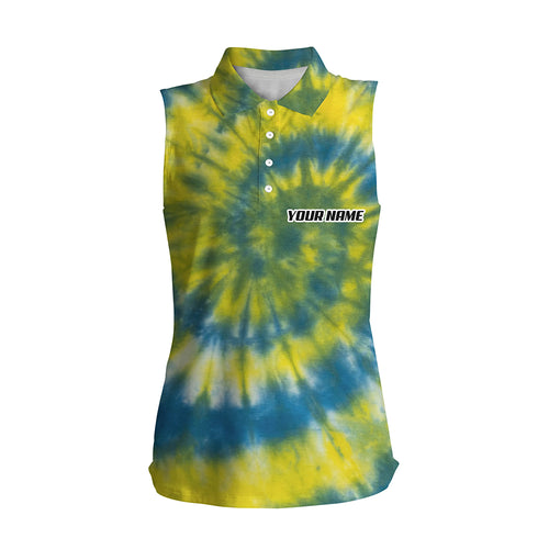 Womens sleeveless polo shirts yellow blue tie dye pattern custom pattern team golf shirt for women NQS5645