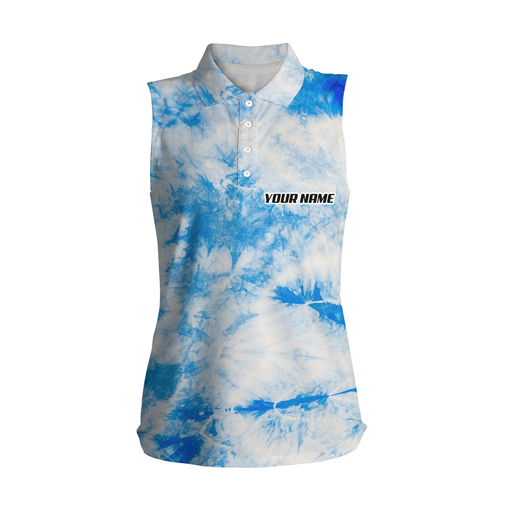 Womens sleeveless polo shirts blue tie dye pattern custom pattern team golf shirt for women NQS5649