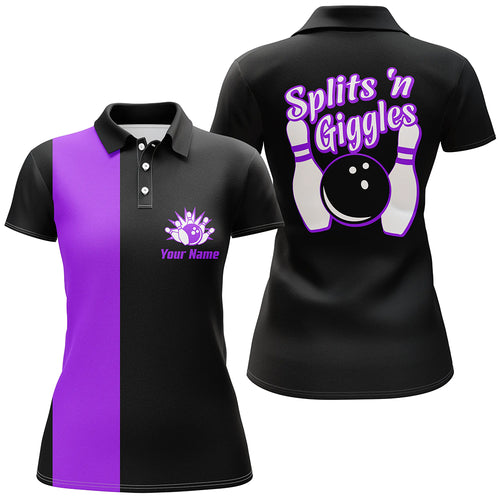 Splits'n Giggles Bowling polo Shirt For Women Personalized black purple retro bowling Jersey NQS6074