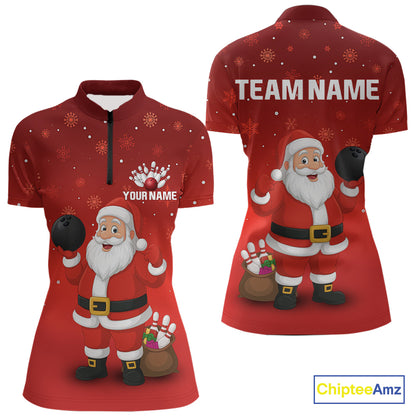 Funny Santa Bowling Red Christmas snowflake pattern Women's Bowling shirt Custom Xmas Bowling Outfits NQS10992