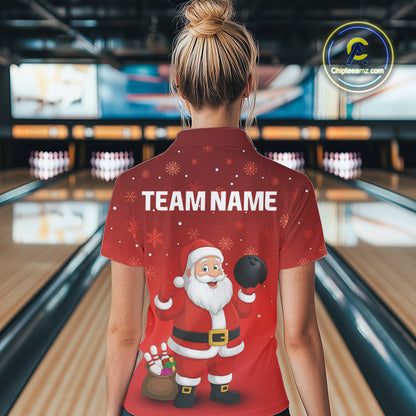 Funny Santa Bowling Red Christmas snowflake pattern Women's Bowling shirt Custom Xmas Bowling Outfits NQS10992