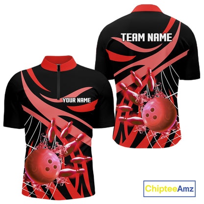 Red flame bowling 1/4 zip, mens polo bowling shirts Custom Team bowling shirts for men NQS11393