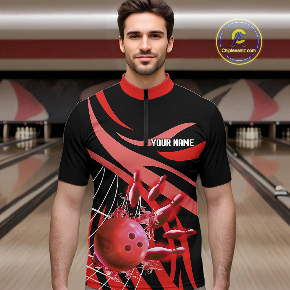 Red flame bowling 1/4 zip, mens polo bowling shirts Custom Team bowling shirts for men NQS11393