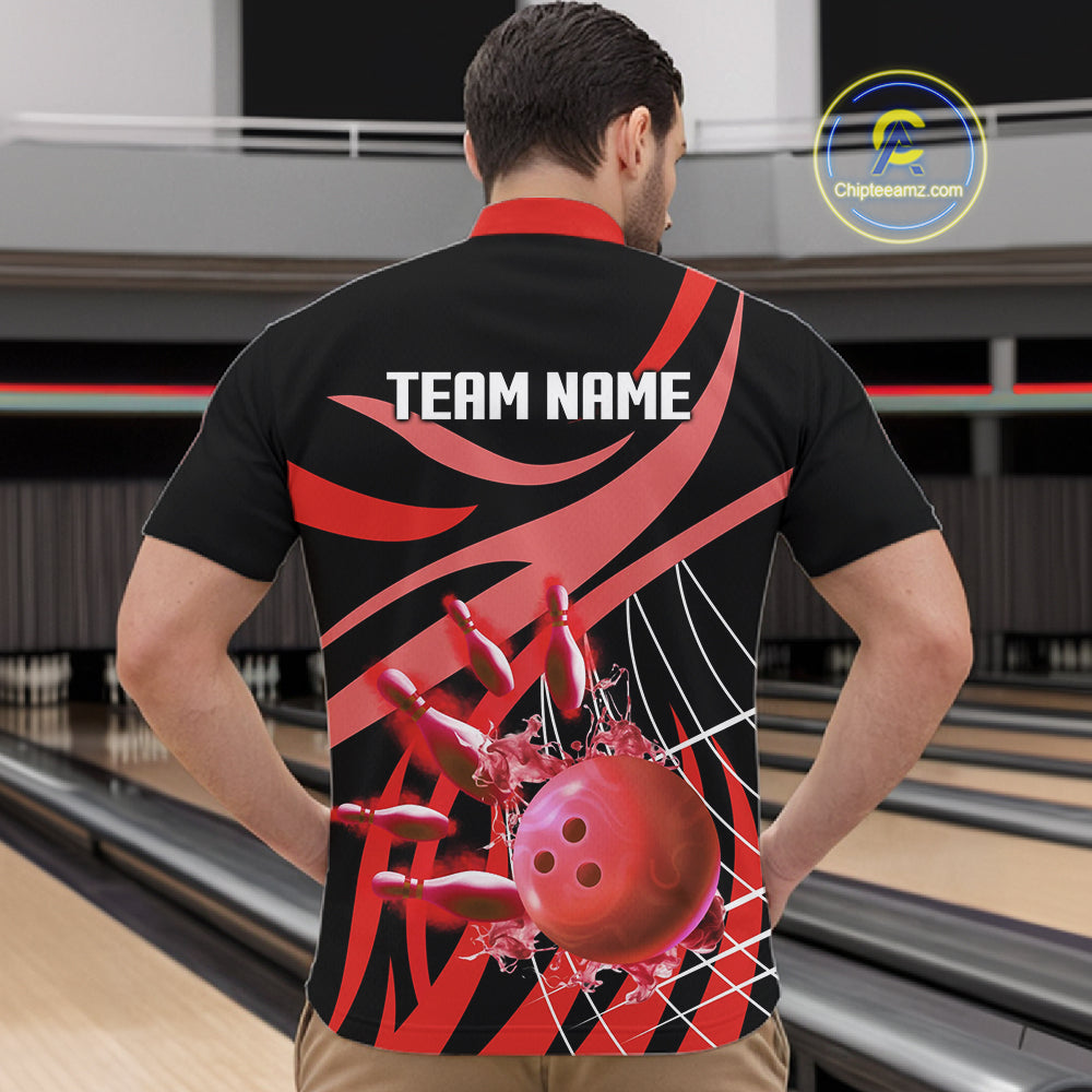 Red flame bowling 1/4 zip, mens polo bowling shirts Custom Team bowling shirts for men NQS11393