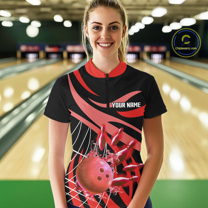 Red flame short-sleeve, long-sleeve bowling shirts for women Custom Team bowling outfit women NQS11393