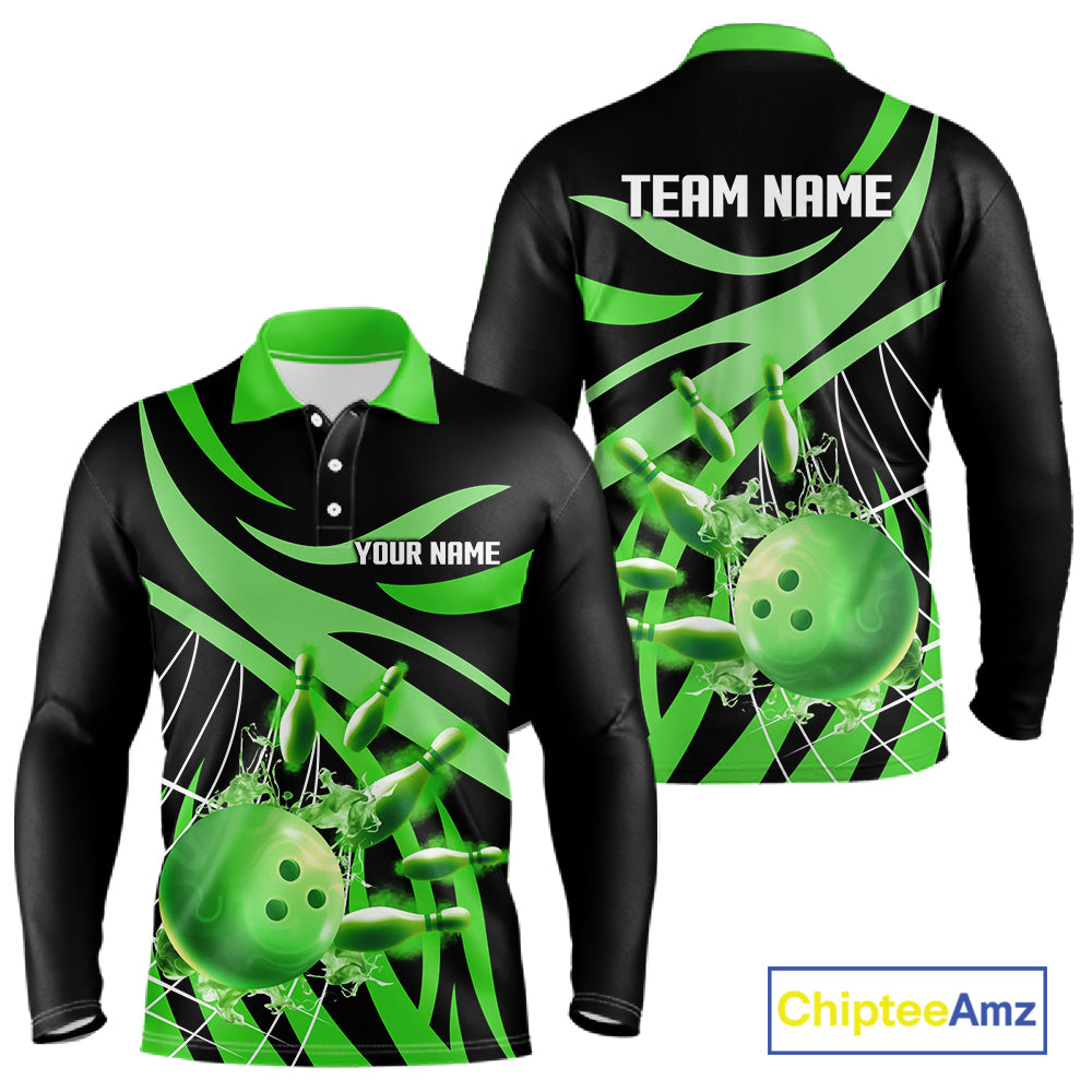 Green flame bowling 1/4 zip, mens polo bowling shirts Custom Team bowling shirts for men NQS11394