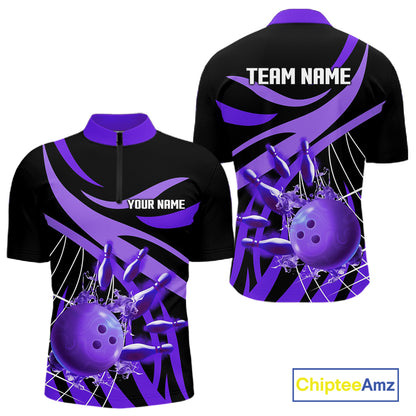 Purple flame bowling 1/4 zip, mens polo bowling shirts Custom Team bowling shirts for men NQS11395