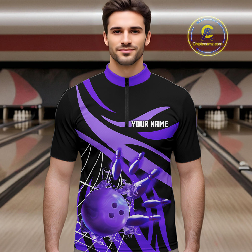 Purple flame bowling 1/4 zip, mens polo bowling shirts Custom Team bowling shirts for men NQS11395