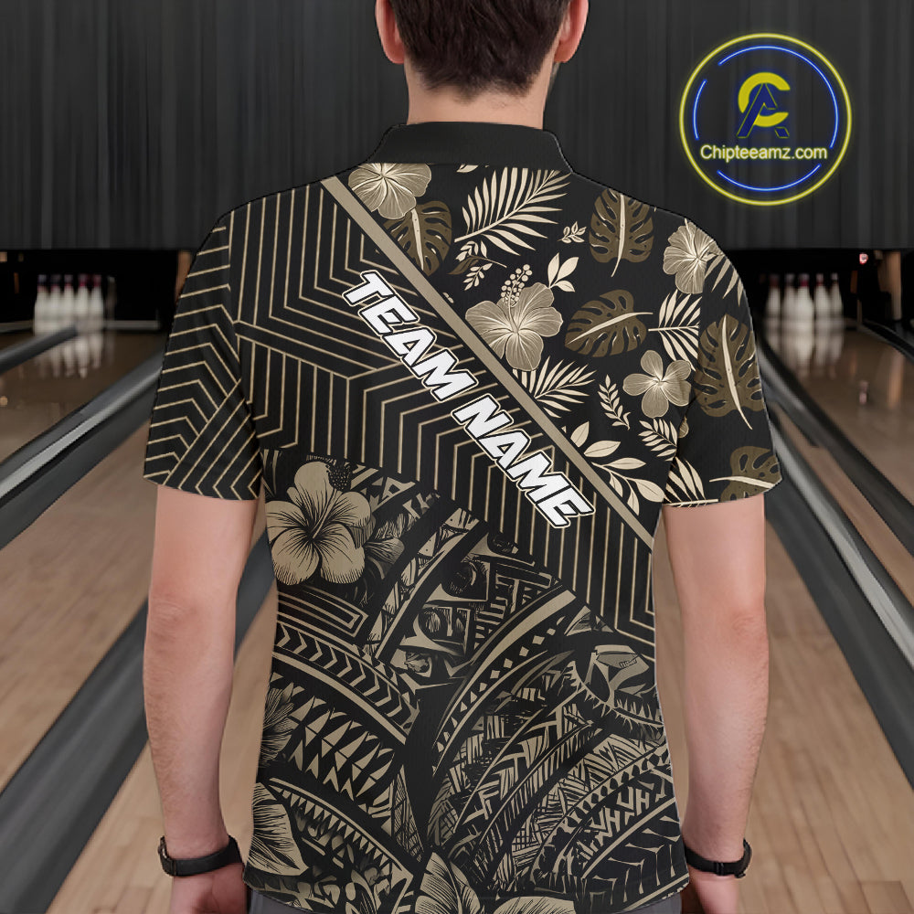 Black tribal pattern Bowling Polo, 1/4 zip Shirts For Men Custom Team Bowling Jerseys NQS11389