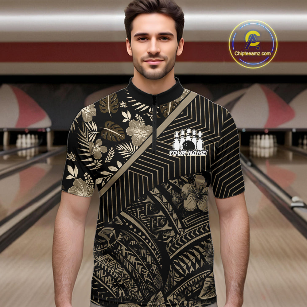 Black tribal pattern Bowling Polo, 1/4 zip Shirts For Men Custom Team Bowling Jerseys NQS11389