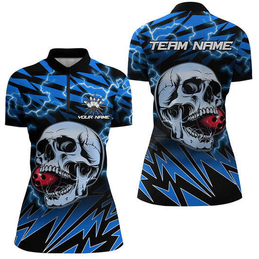 Women bowling Quarter Zip shirt Custom blue lightning thunder Skull Bowling Team Jerseys NQS7420