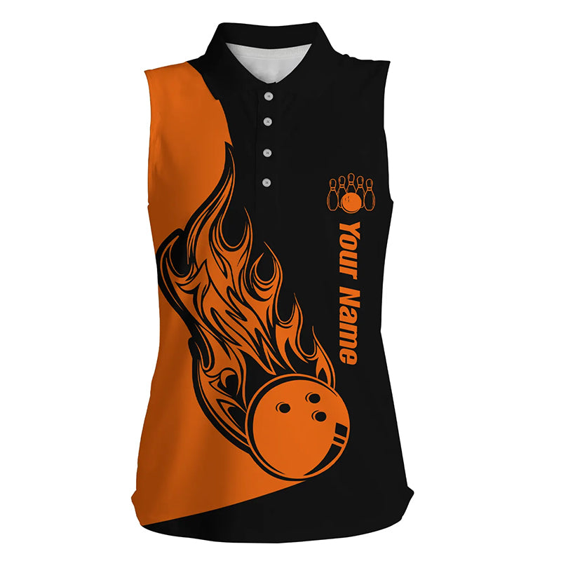 Custom Black Orange sleeveless bowling shirt for women – personalized team jersey front view