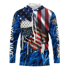 American flag patriot Crappie blue camo fishing, custom mens long sleeve sun protection fishing shirts NQS7987