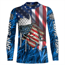 Load image into Gallery viewer, American flag patriot Crappie blue camo fishing, custom mens long sleeve sun protection fishing shirts NQS7987